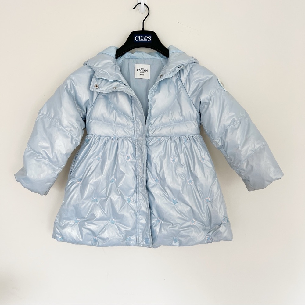 Disney Frozen Light Blue Shiny Puffer Coat Jacket Hooded Princess Sequins